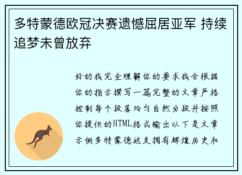 多特蒙德欧冠决赛遗憾屈居亚军 持续追梦未曾放弃
